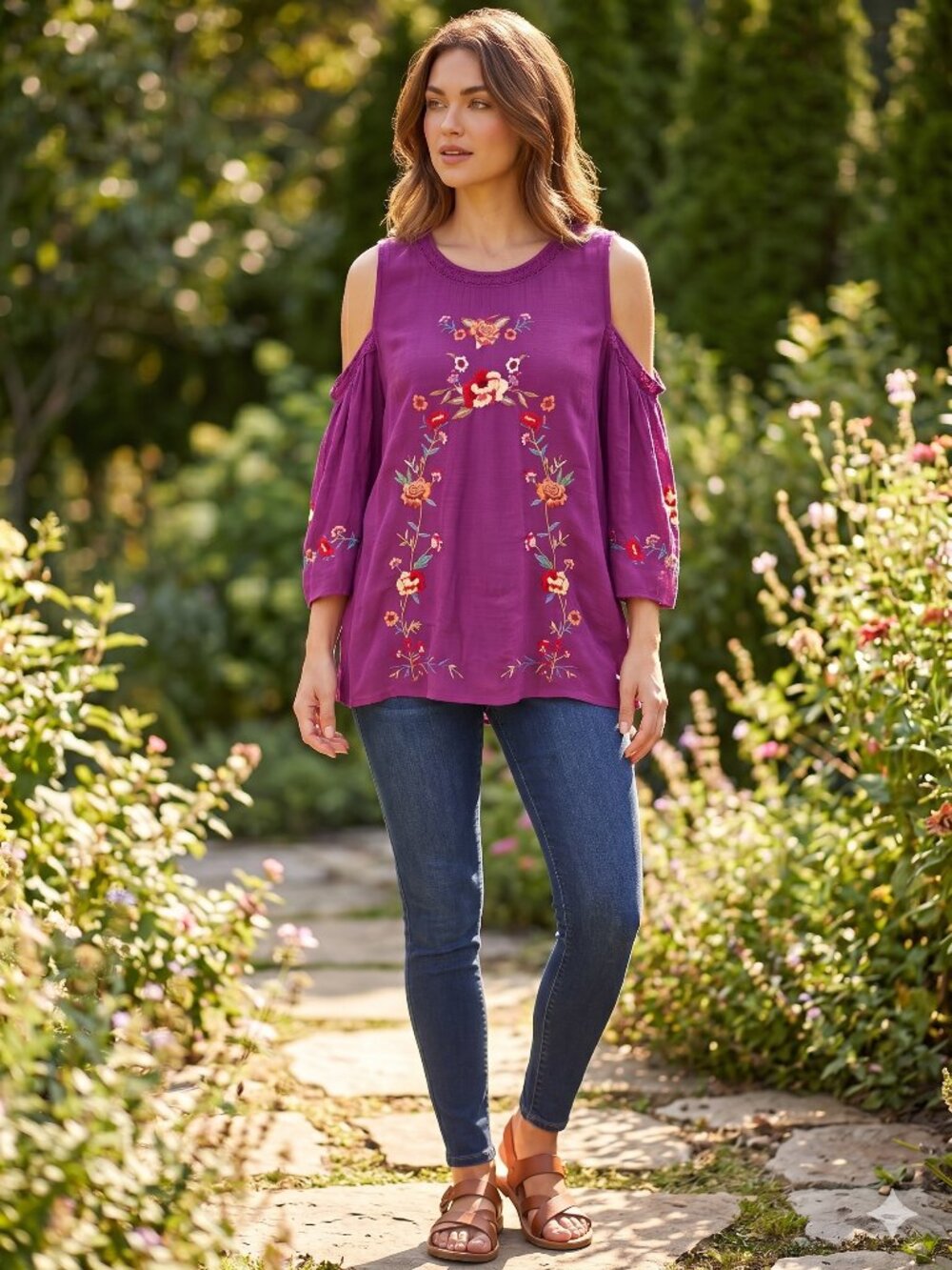 Umgee Rayon Embroidered‎ Floral Cold Shoulder Blouse